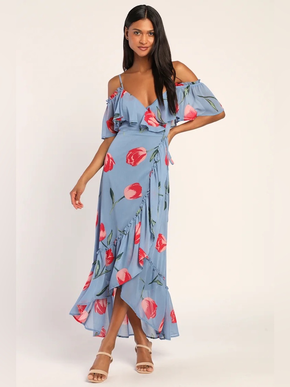 Petal Paradise Blue Floral Print Cold-Shoulder Wrap Maxi Dress